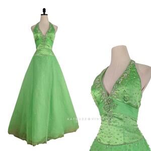 Vintage Prom Dress Maxi Ball Gown 8 Lime Green Halter Y2K Bead Fairy Princess